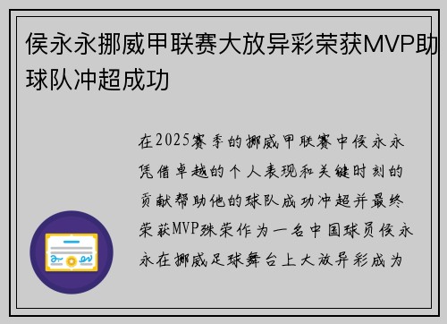 侯永永挪威甲联赛大放异彩荣获MVP助球队冲超成功 侯永永挪威甲联赛大放异彩荣获MVP助球队冲超成功