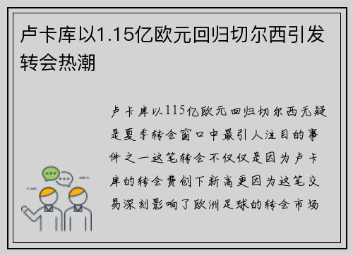 卢卡库以1.15亿欧元回归切尔西引发转会热潮