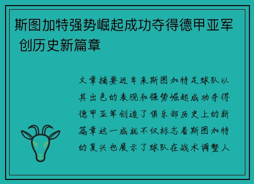 斯图加特强势崛起成功夺得德甲亚军 创历史新篇章