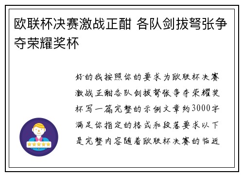 欧联杯决赛激战正酣 各队剑拔弩张争夺荣耀奖杯