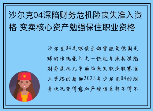 沙尔克04深陷财务危机险丧失准入资格 变卖核心资产勉强保住职业资格