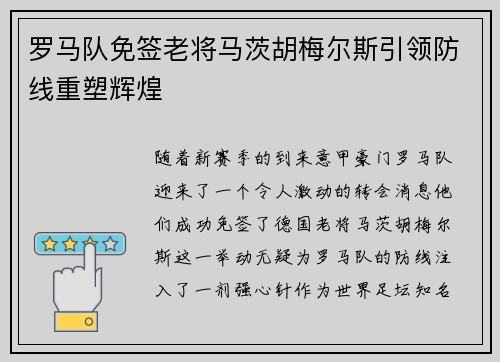 罗马队免签老将马茨胡梅尔斯引领防线重塑辉煌